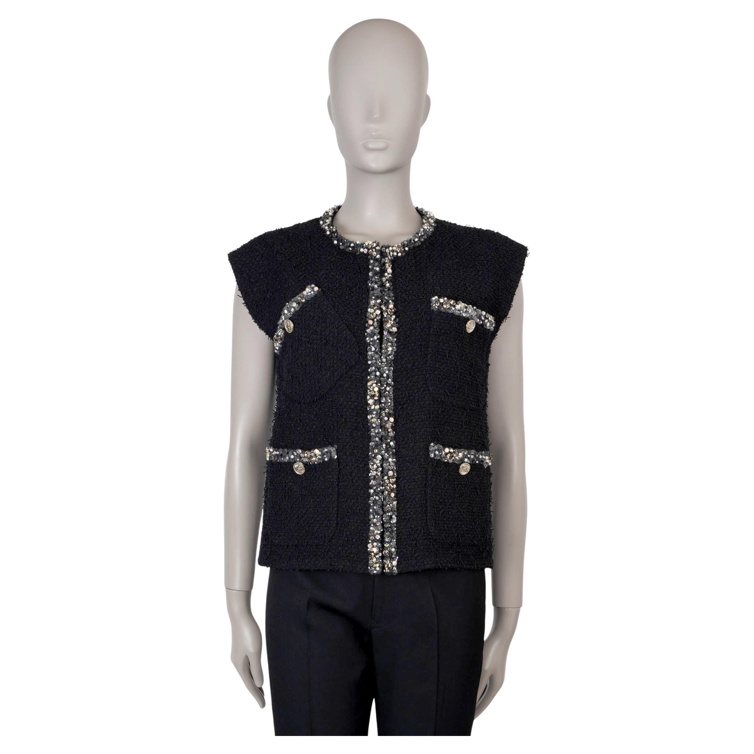 CHANEL black cotton 21S SEQUIN TRIM TWEED Vest Jacket 38 S For Sale