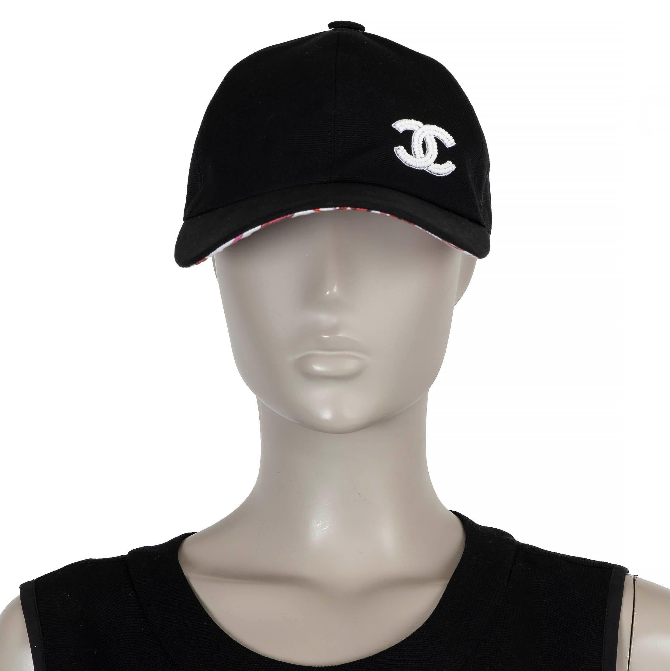 CHANEL black cotton 22P PEARL CC Baseball Cap Hat 56 - 58 For Sale