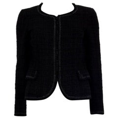 CHANEL black cotton COLLARLESS ZIP-FRONT Tweed Blazer Jacket 36 XS