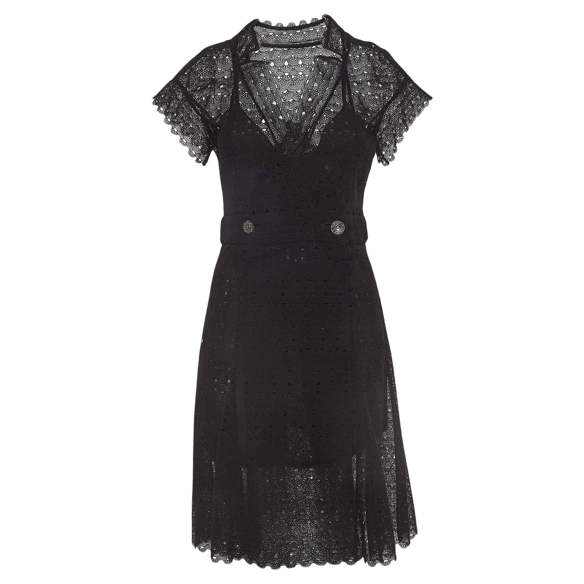 Chanel Black Cotton Crochet Semi Sheer Buttoned Wrap Dress M