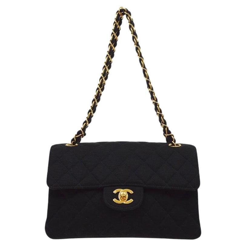 CHANEL Black Cotton Quilted Gold Hardware Small Evening Shoulder Flap Bag