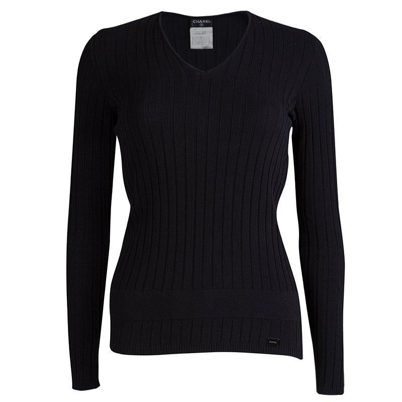 Chanel Black Cotton Ribbed Knit Sweater S
