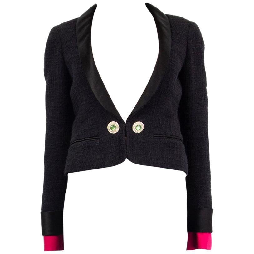 CHANEL black cotton SATIN LAPEL CROPPED Tweed Blazer Jacket 36 XS