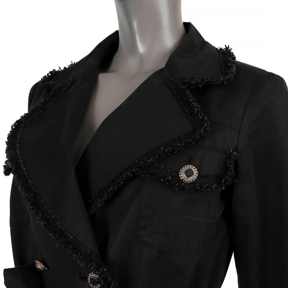 CHANEL black cotton silk 2010 10P TWEED TRIM TRENCH Coat Jacket 36 XS For Sale 2