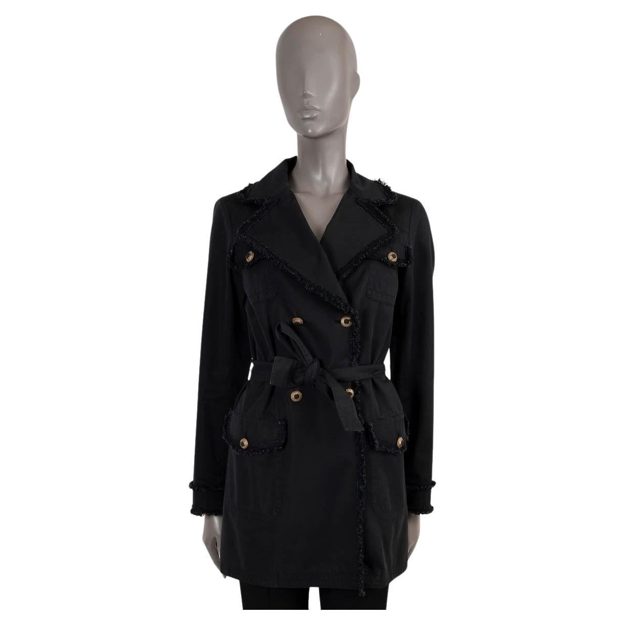 CHANEL black cotton silk 2010 10P TWEED TRIM TRENCH Coat Jacket 36 XS For Sale