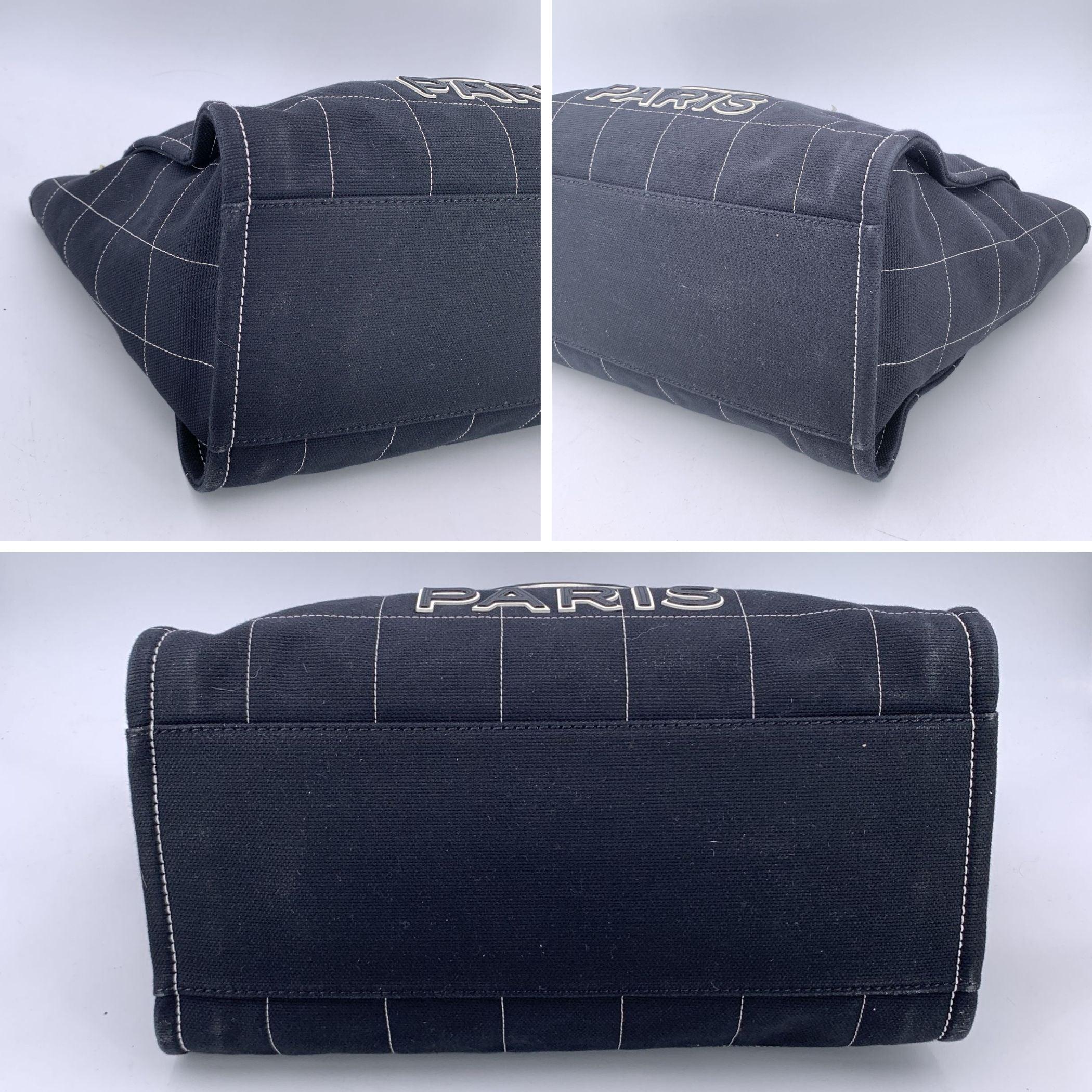 Chanel Black Cotton Square Stitching Deauville Tote Shoulder Bag For Sale 1