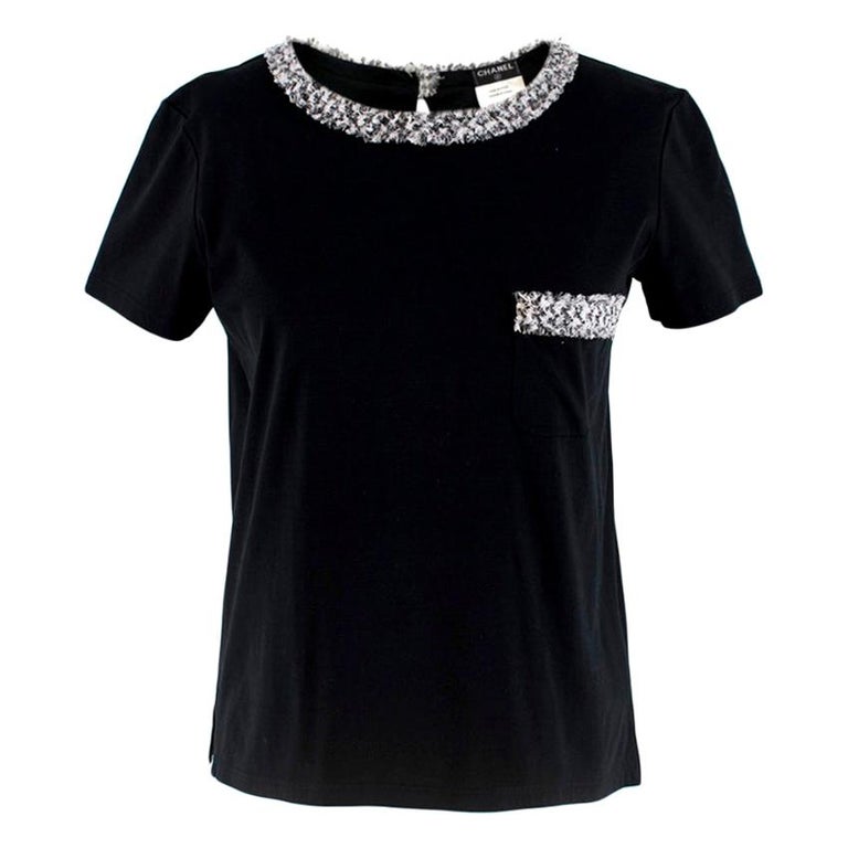 Chanel Black Cotton T-Shirt With Tweed Trim 34 XS at 1stDibs