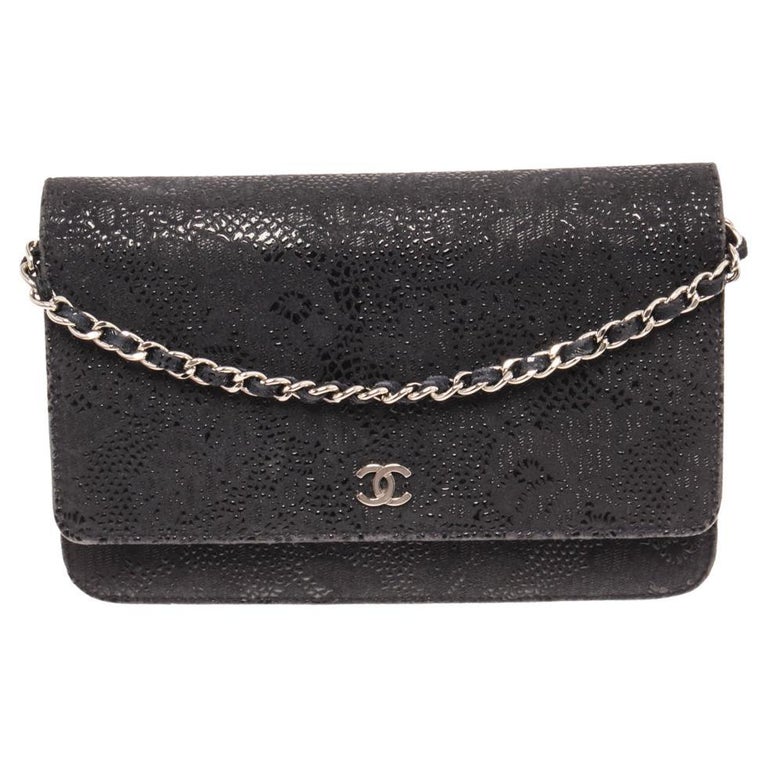 Chanel Black Cotton Woc Floral-Pattern Chain Wallet For Sale at 1stDibs