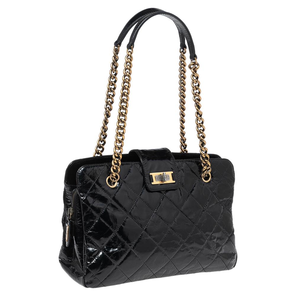 Women's Chanel Black Crackled Glazed Quilted Leather Reissue Chain Tote
