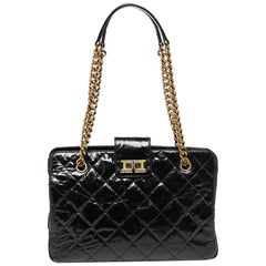 Chanel Black Crackled Glazed Quilted Leather Reissue Chain Tote