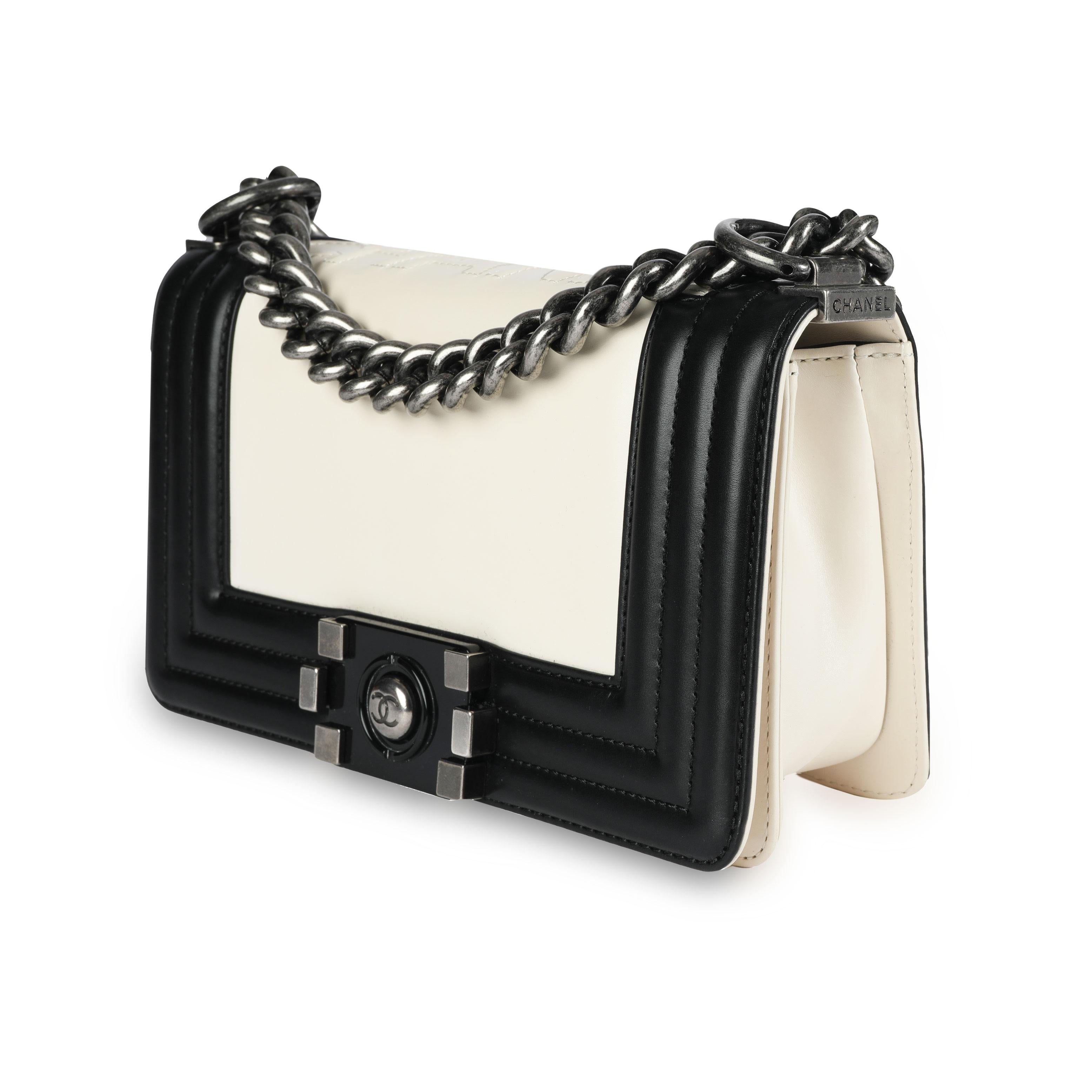 Women's Chanel Black & Cream Calfskin Leather Small Boy Bag