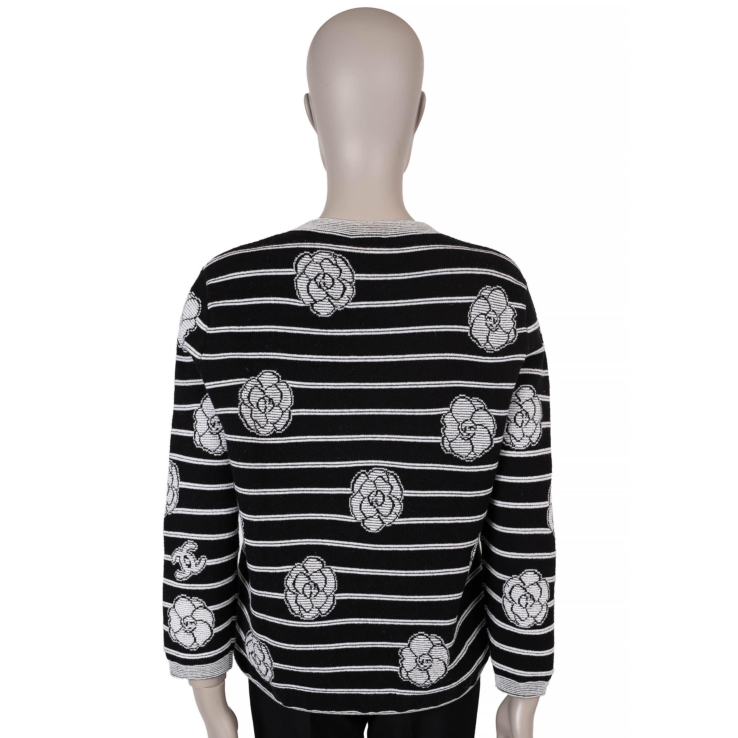 Black CHANEL black & cream cashmere 23K CAMELLIA STRIPED Sweater 40 M