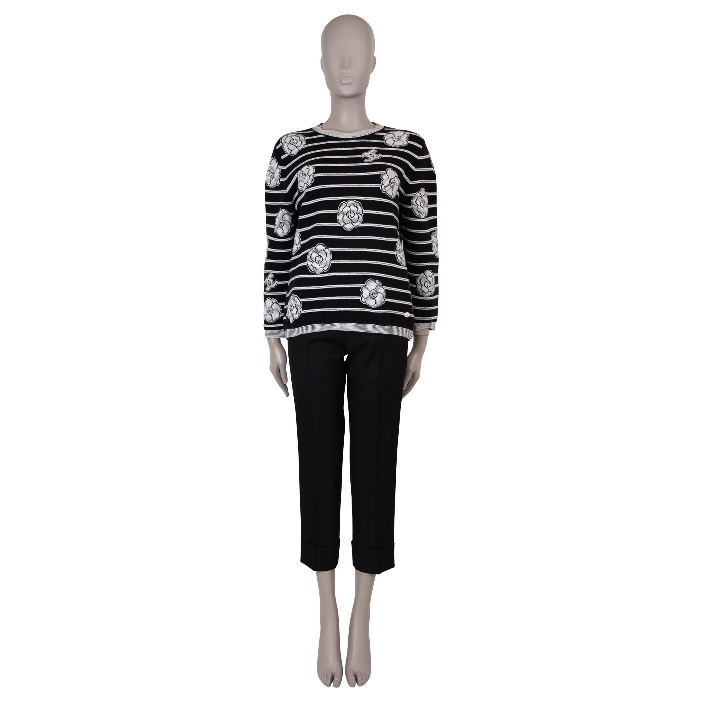 Women's CHANEL black & cream cashmere 23K CAMELLIA STRIPED Sweater 40 M
