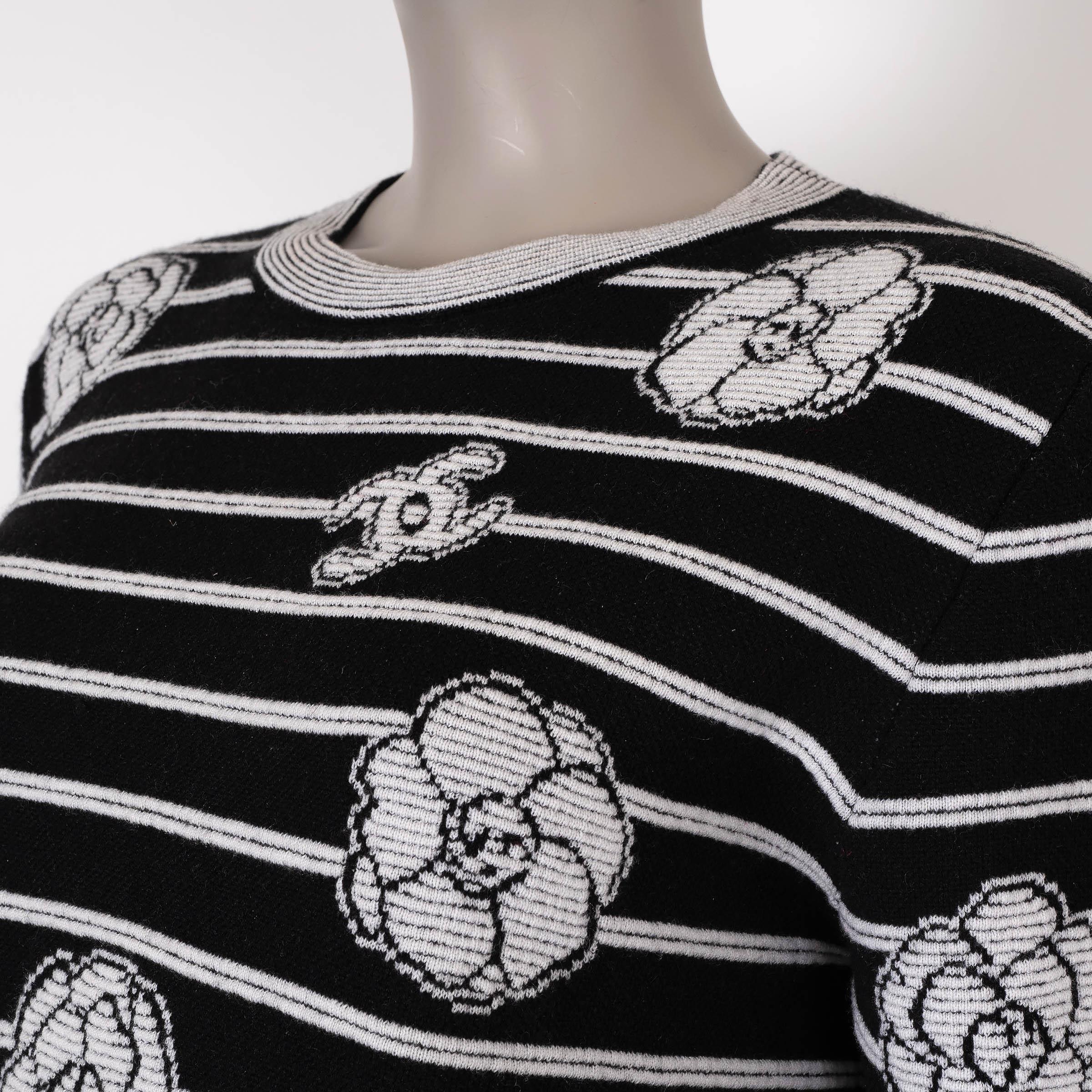 CHANEL black & cream cashmere 23K CAMELLIA STRIPED Sweater 40 M 1