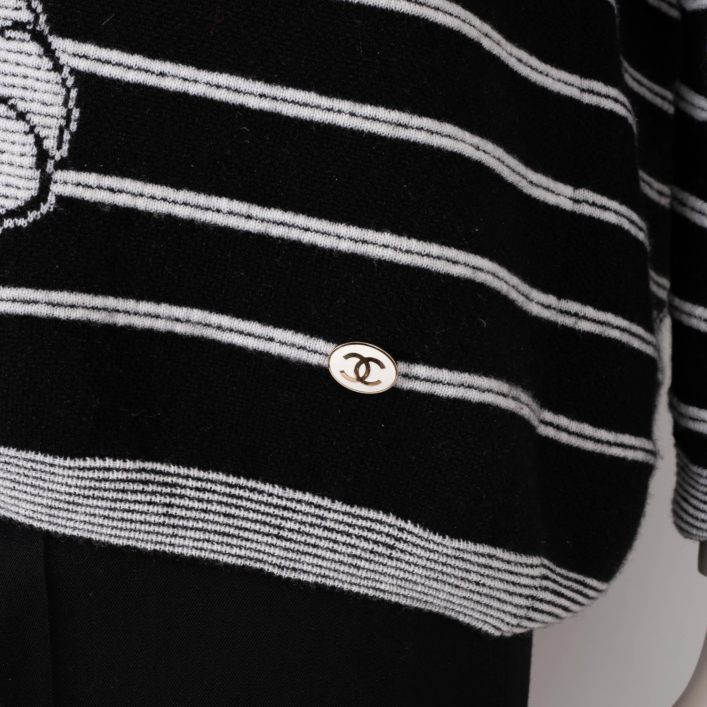 CHANEL black & cream cashmere 23K CAMELLIA STRIPED Sweater 40 M 2