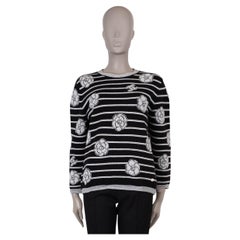 CHANEL black & cream cashmere 23K CAMELLIA STRIPED Sweater 40 M
