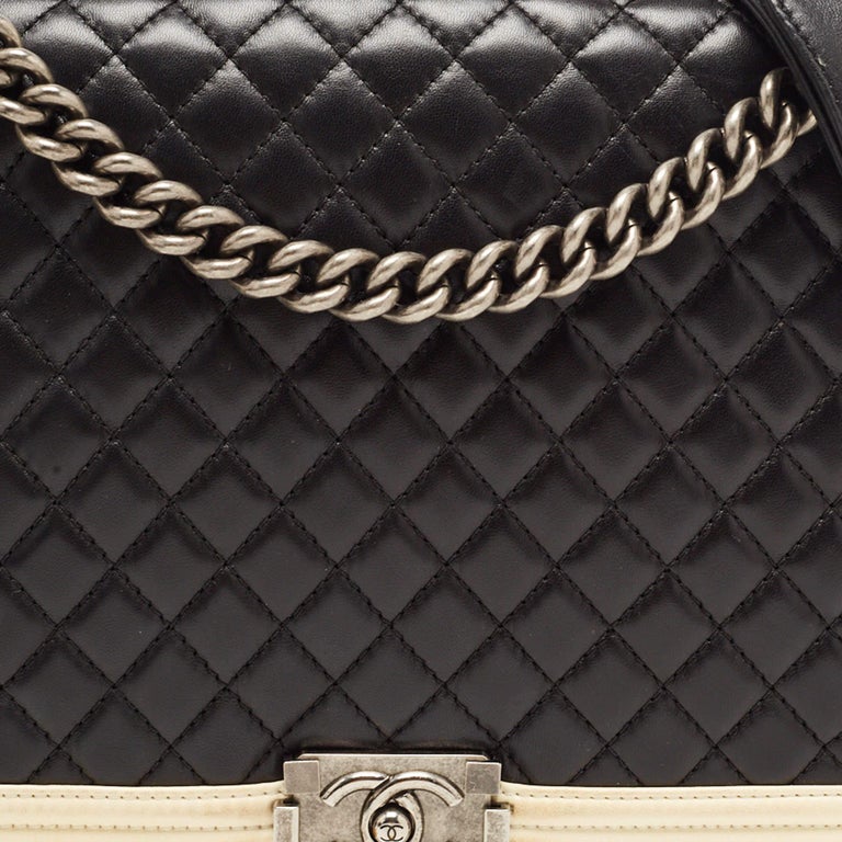 Chanel Black/Cream Quilted Leather Large Boy Flap Bag at 1stDibs