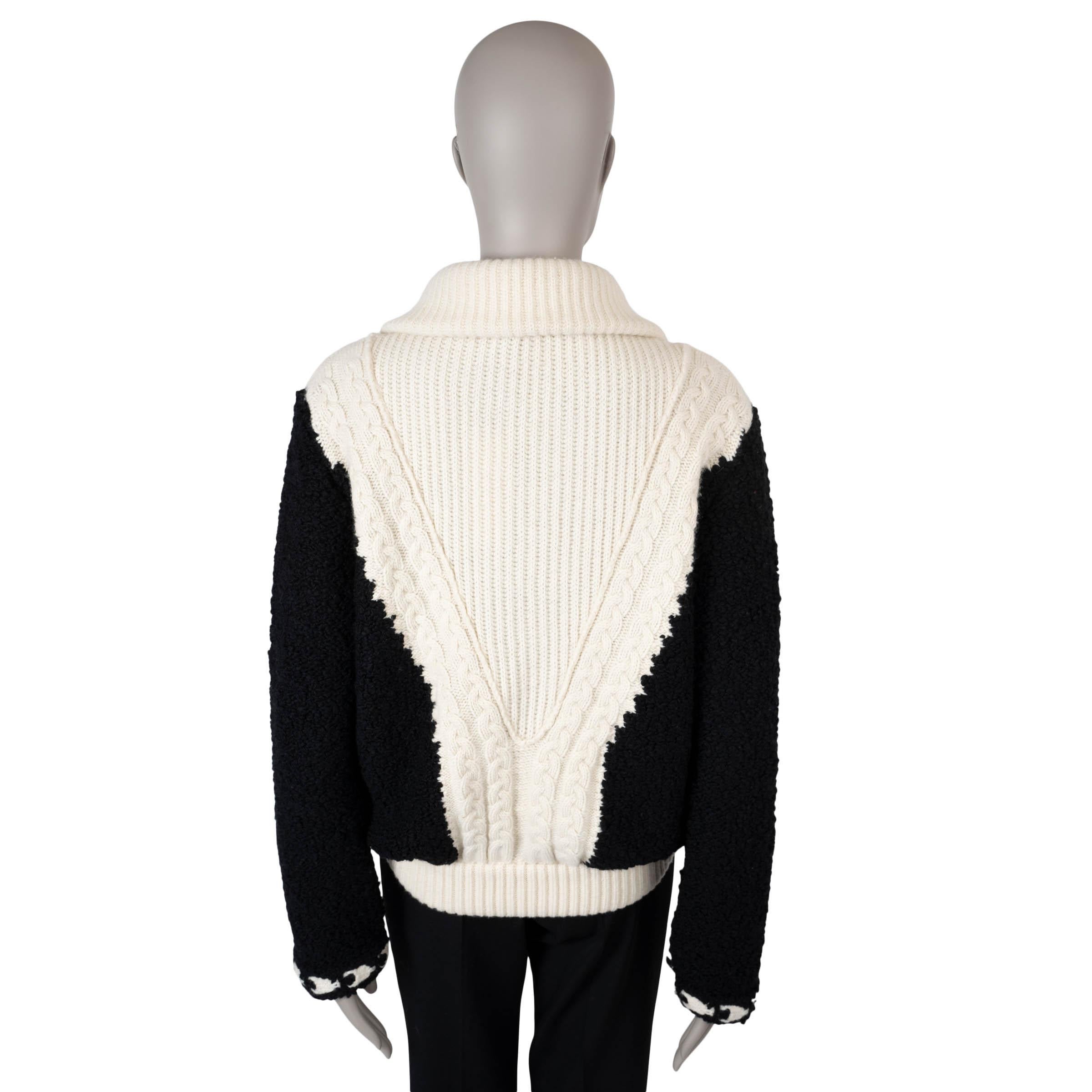 Black CHANEL black & cream wool 19B BOUCLE & CABLE KNIT Bomber Jacket 38 S