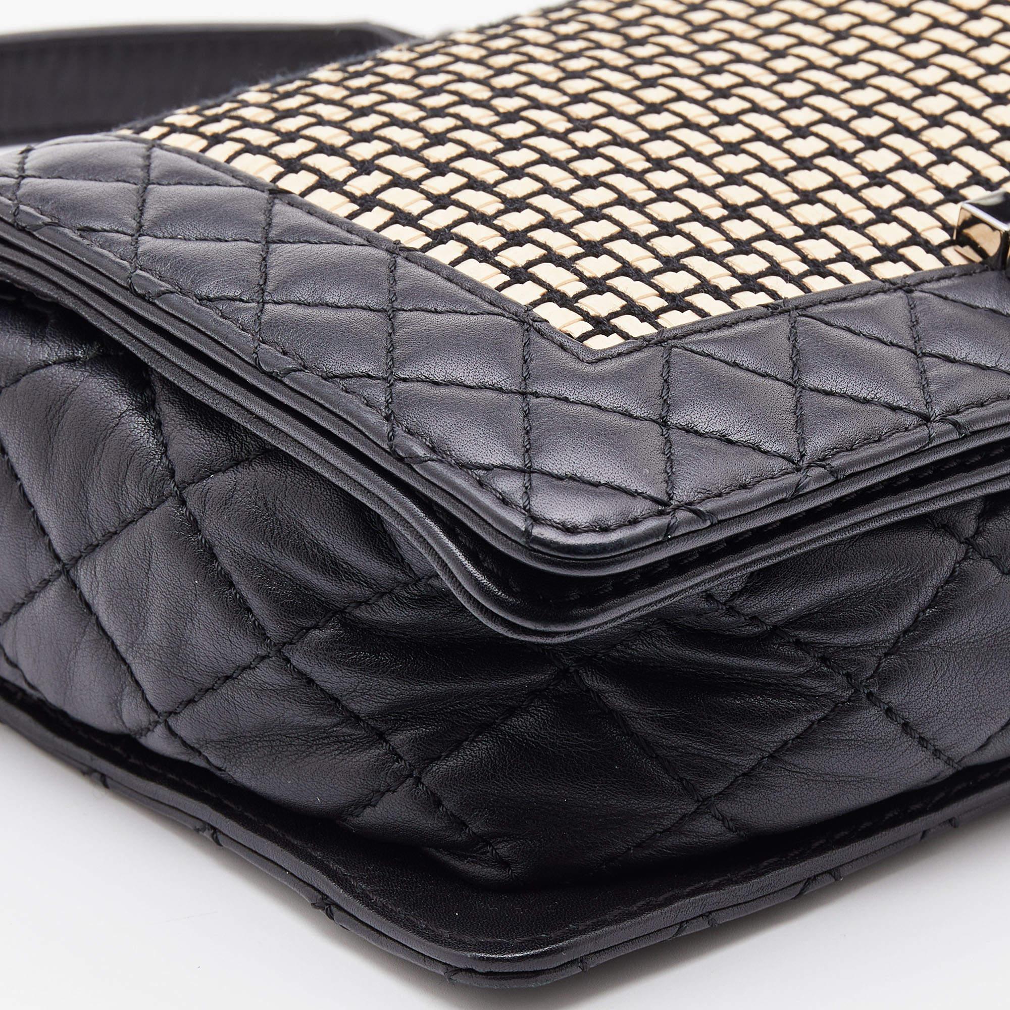 Chanel Black/Cream Woven Patent and Leather Medium Reverso Boy Flap Bag 6