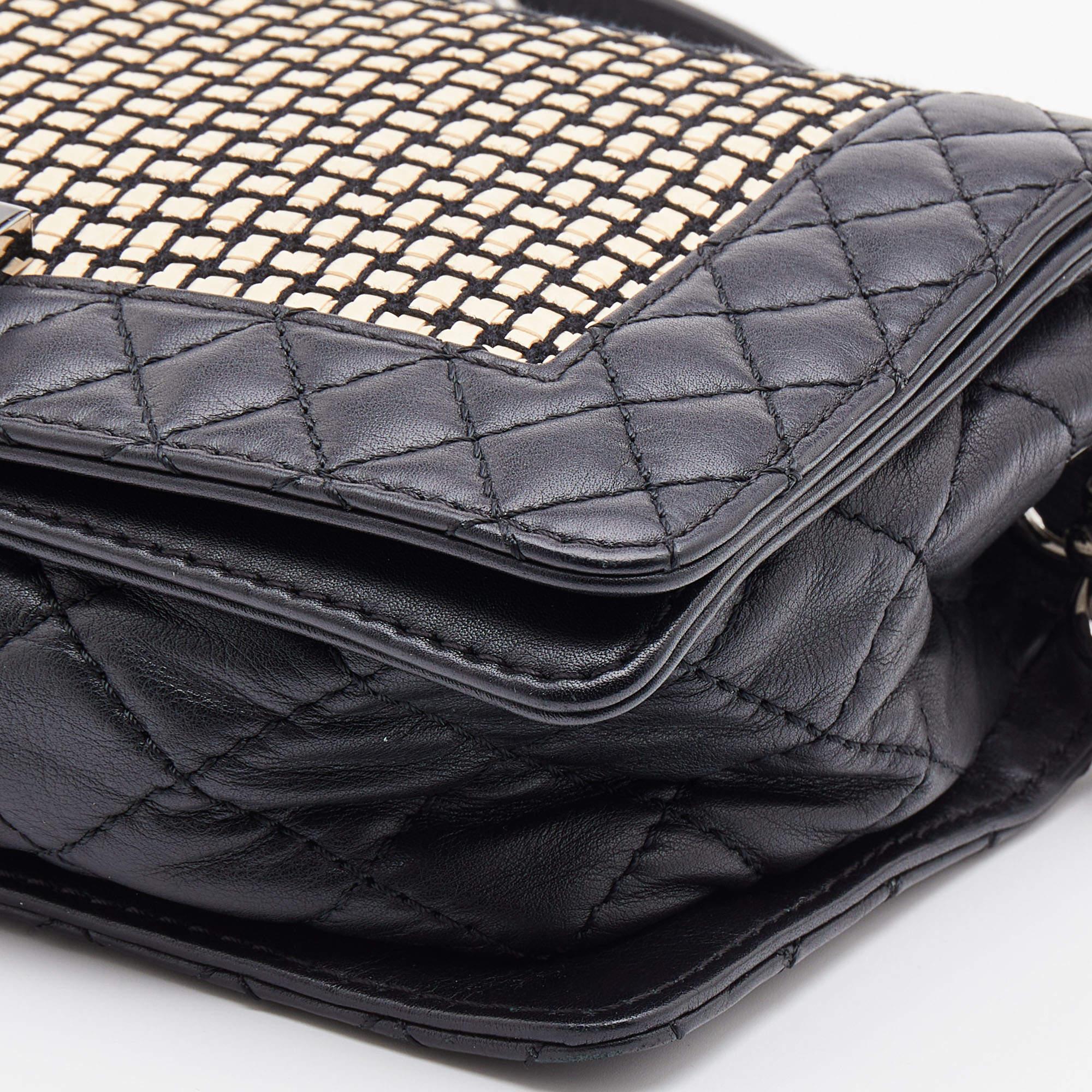 Chanel Black/Cream Woven Patent and Leather Medium Reverso Boy Flap Bag 7