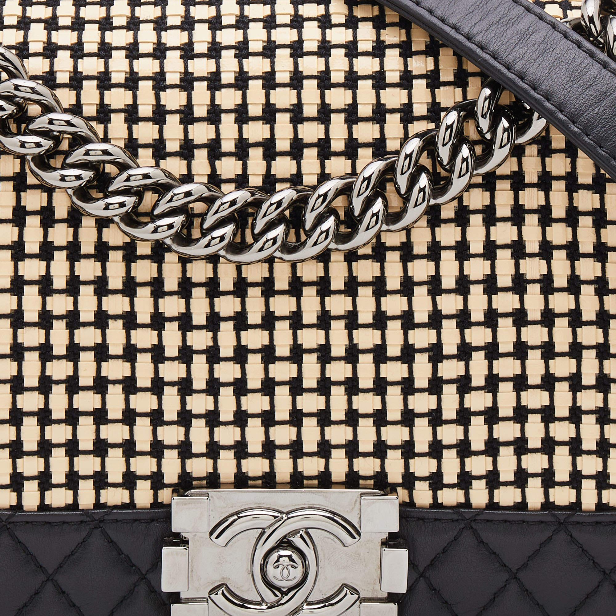 Chanel Black/Cream Woven Patent and Leather Medium Reverso Boy Flap Bag 8
