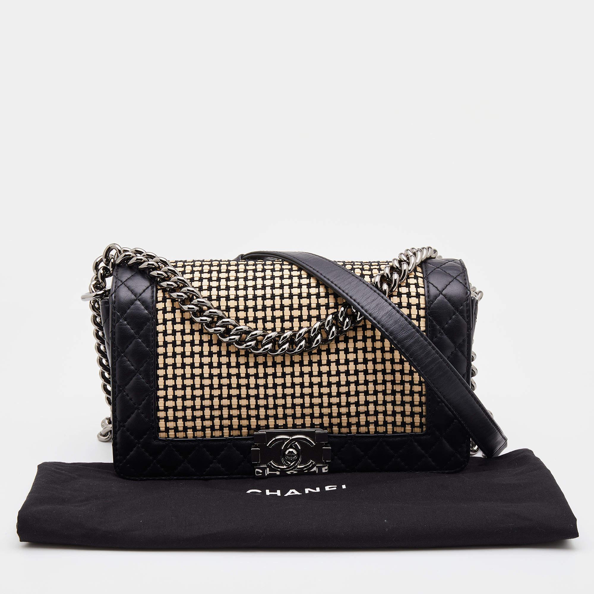 Chanel Black/Cream Woven Patent and Leather Medium Reverso Boy Flap Bag 9
