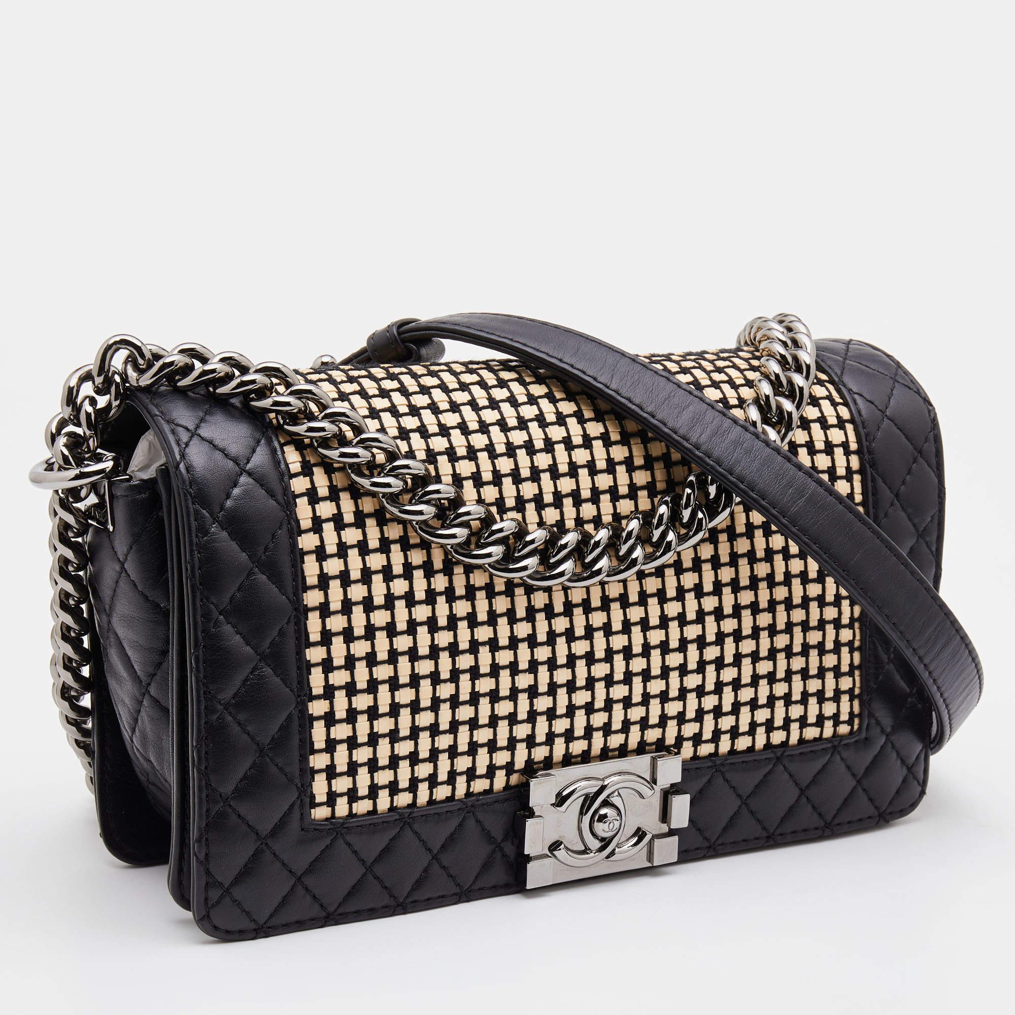 Women's Chanel Black/Cream Woven Patent and Leather Medium Reverso Boy Flap Bag