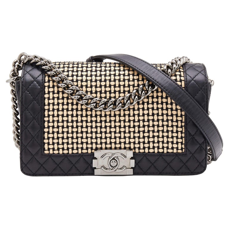 Chanel Black/Cream Woven Patent and Leather Medium Reverso Boy Flap Bag