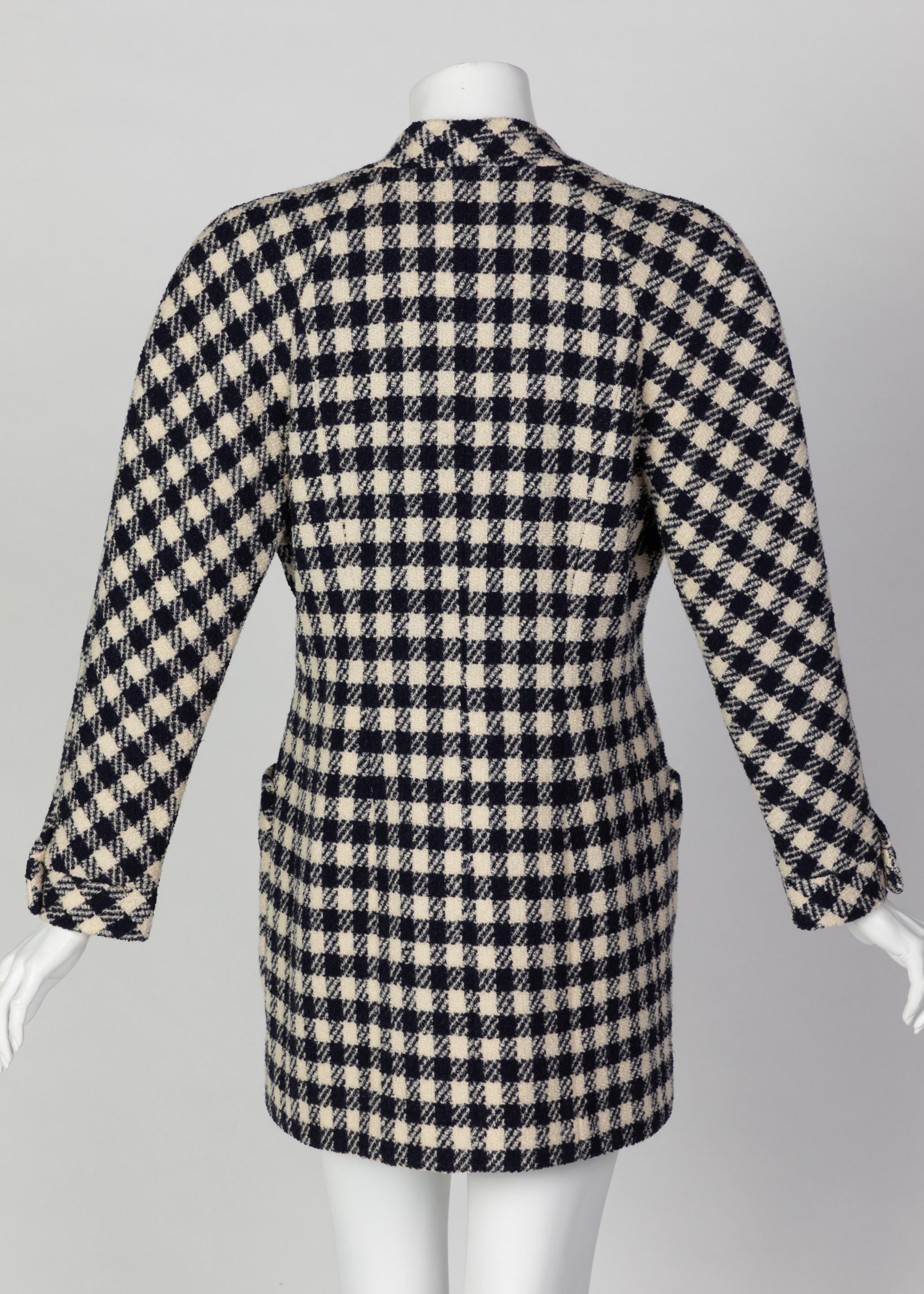 Black Chanel Navy Blue Crème Wool Check Gold Button Cardigan Jacket, 1980s