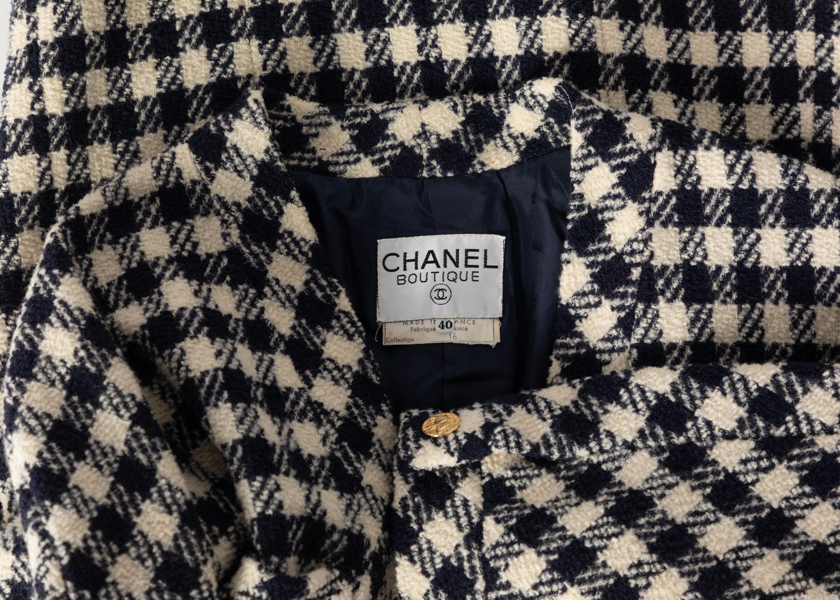 Chanel Navy Blue Crème Wool Check Gold Button Cardigan Jacket, 1980s 2