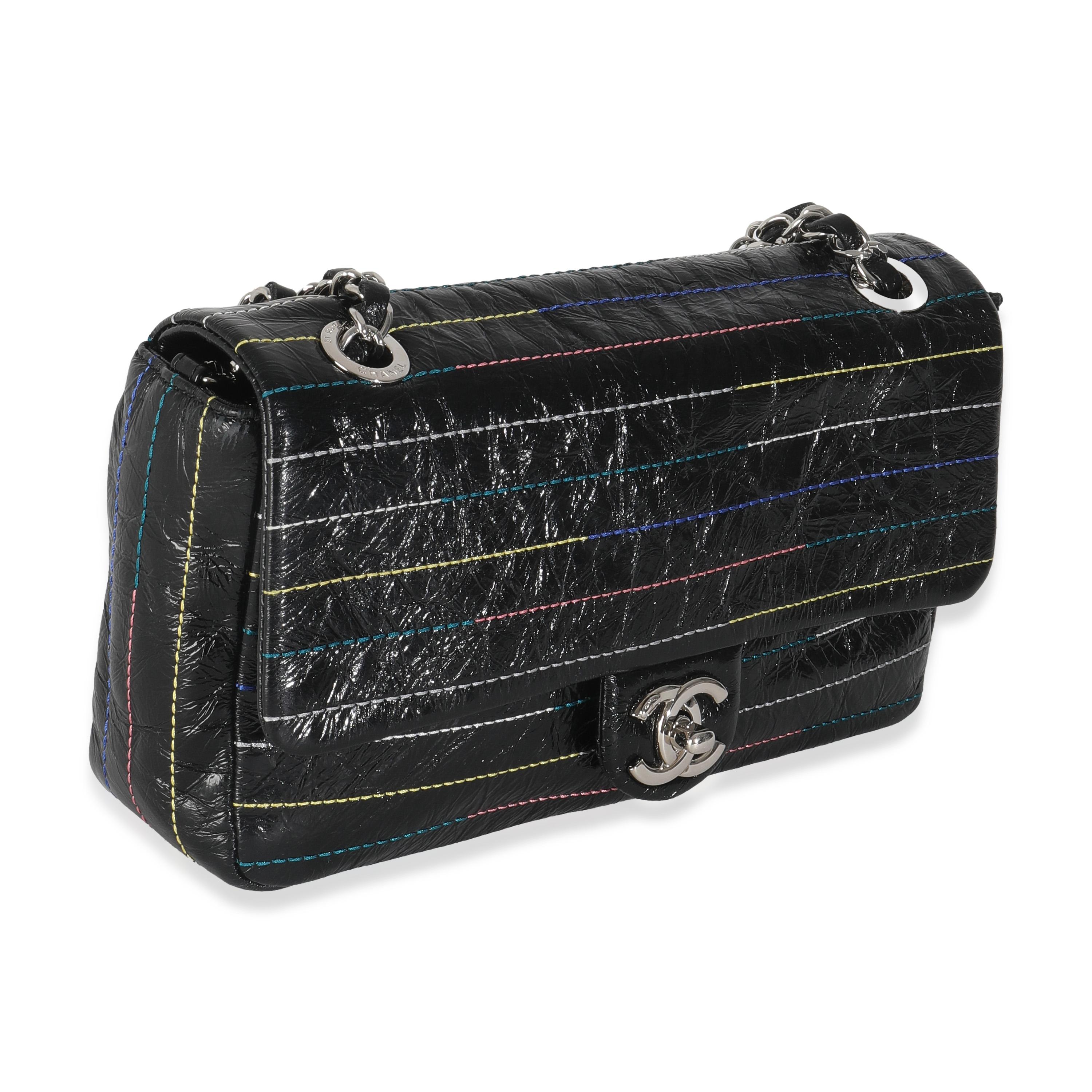 Chanel Black Crinkle Patent Multicolor Stitch Single Flap Bag In Excellent Condition In New York, NY