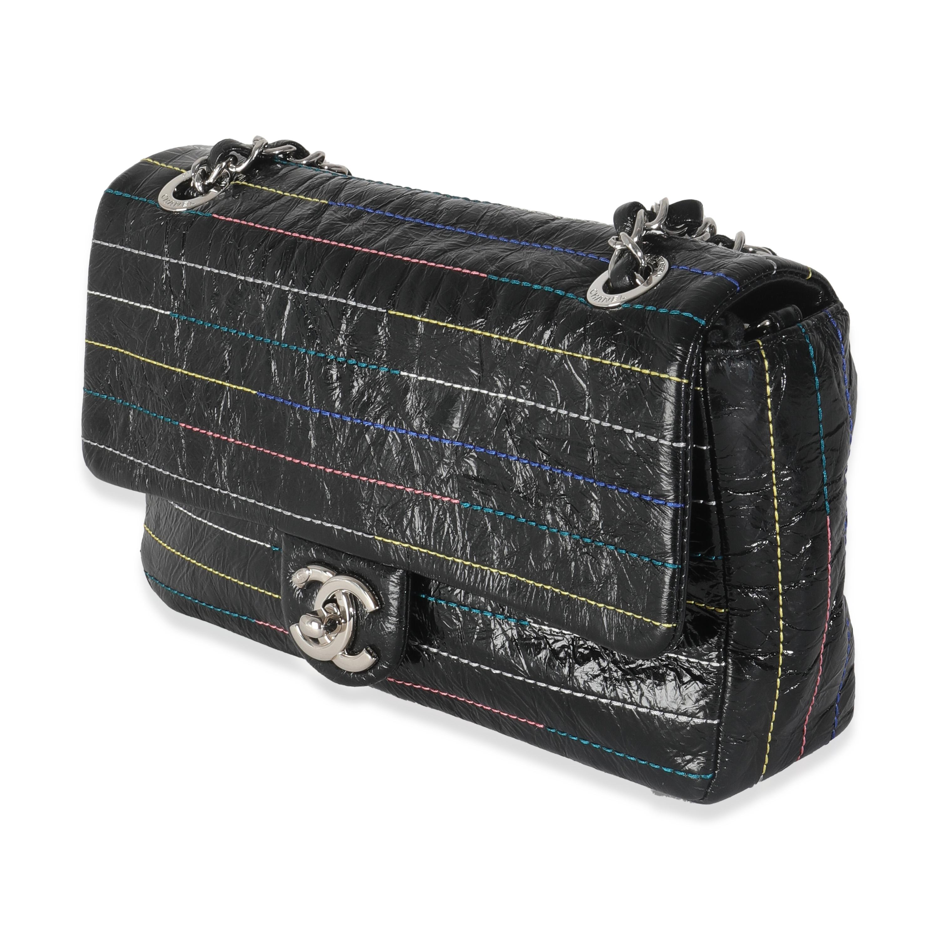 Women's or Men's Chanel Black Crinkle Patent Multicolor Stitch Single Flap Bag