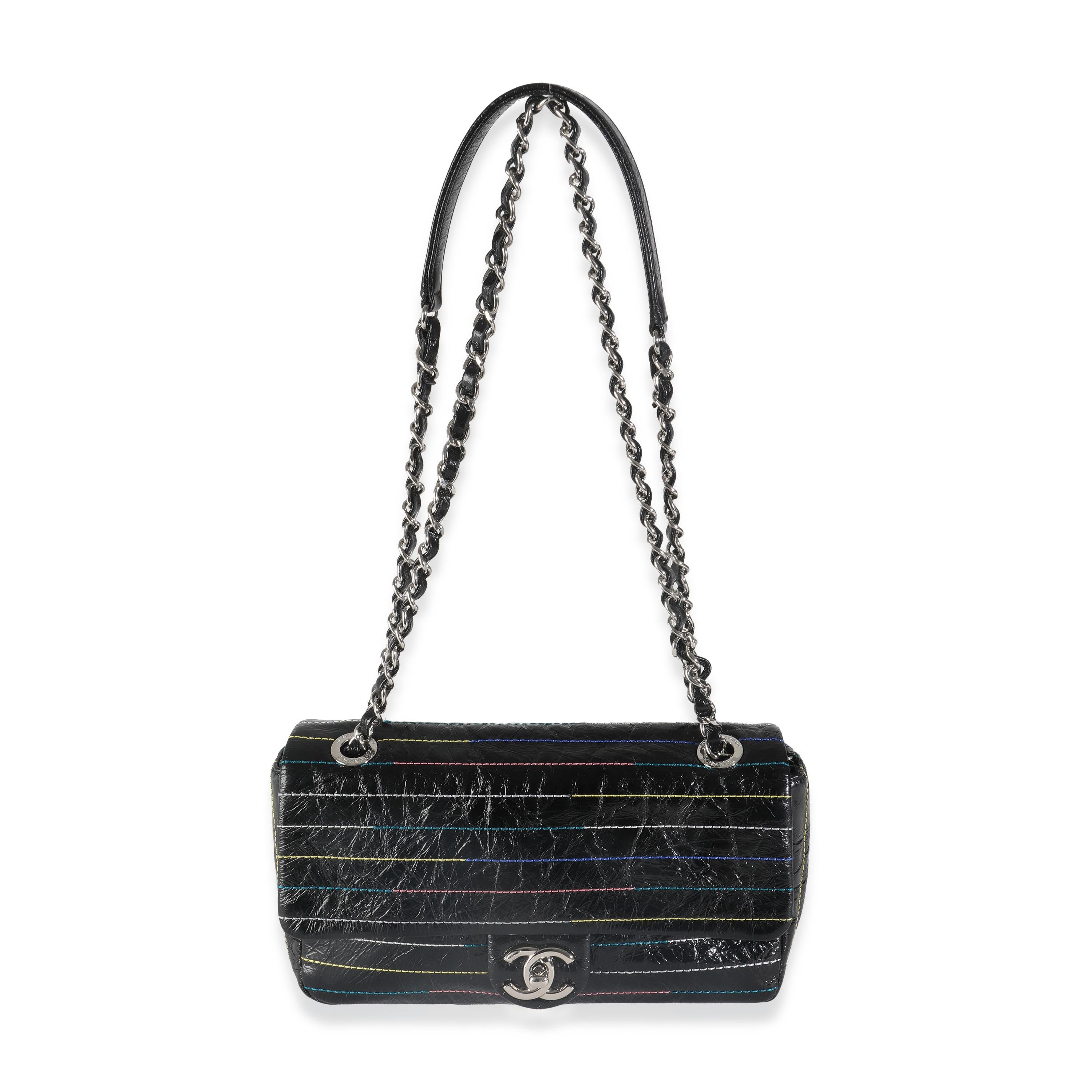 Chanel Black Crinkle Patent Multicolor Stitch Single Flap Bag 2