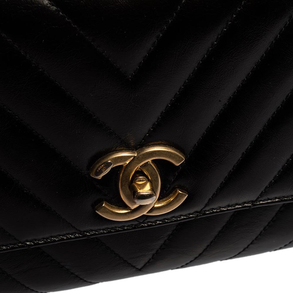 Chanel Black Crinkled Chevron Leather Small Coco Top Handle Bag 2