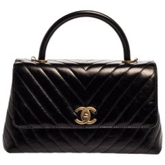 Chanel Black Crinkled Chevron Leather Small Coco Top Handle Bag