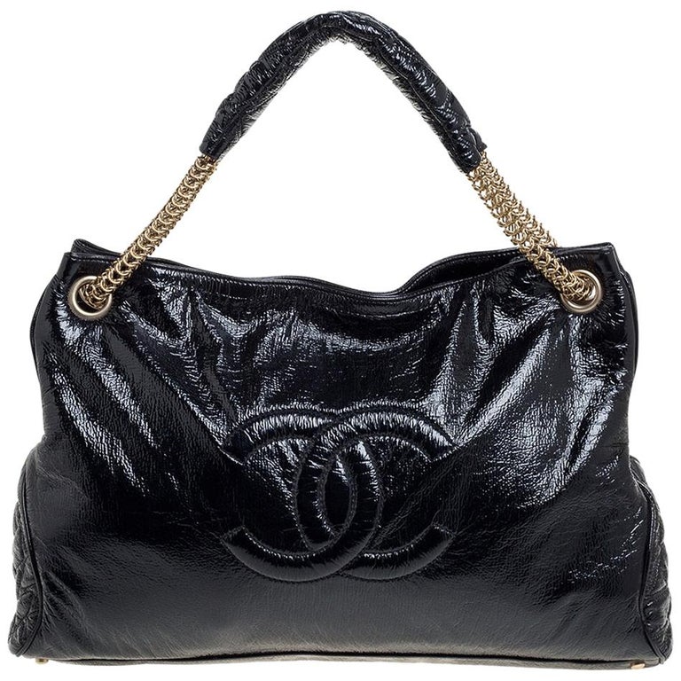 Chanel Black Crinkled Soft Patent Leather CC Chain Hobo
