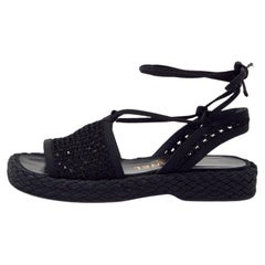 Chanel Black Crochet And Fabric Flat Espadrille Ankle Tie Sandals Size 36