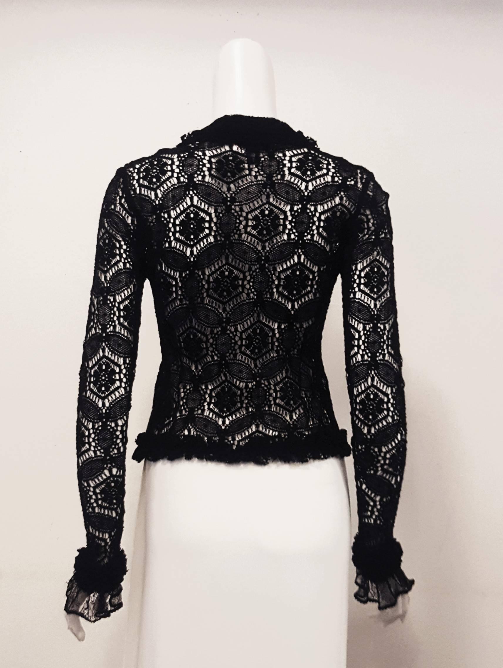 Chanel Black Crochet Long Sleeve Jacket With Double Collar & Lapel In Excellent Condition In Palm Beach, FL