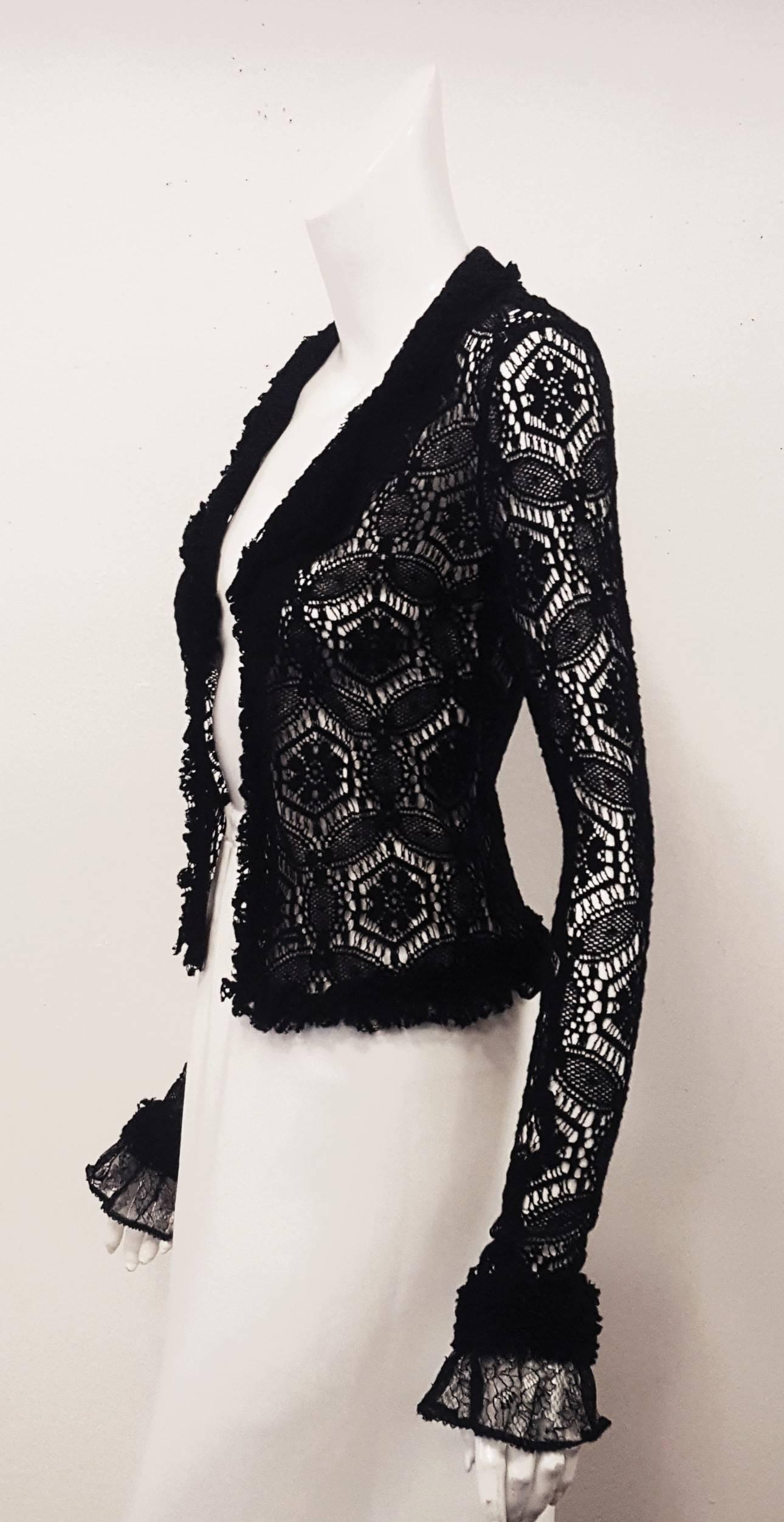 Women's Chanel Black Crochet Long Sleeve Jacket With Double Collar & Lapel