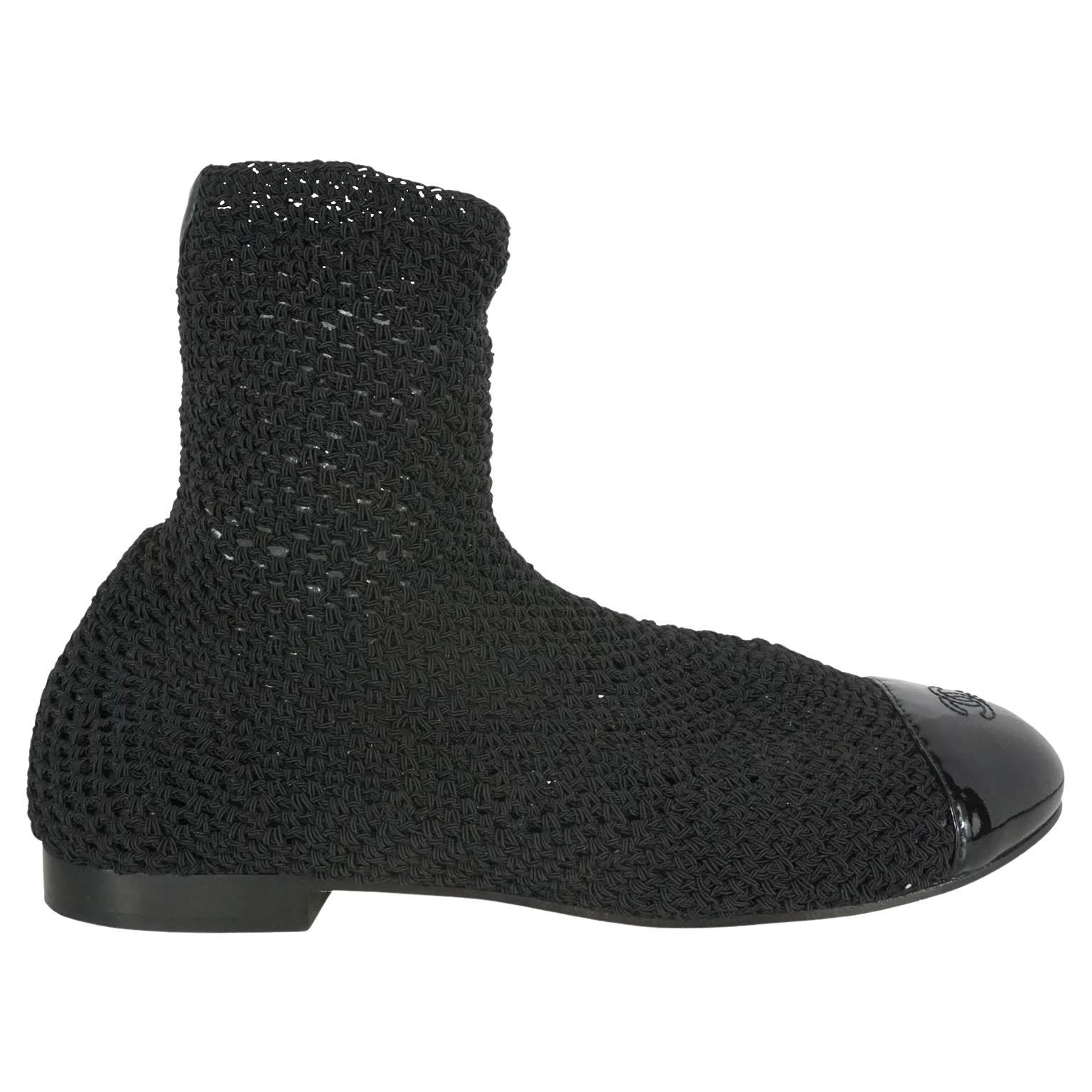 Chanel Black Crochet Patent Leather Cap Toe Sock Booties For Sale at 1stDibs