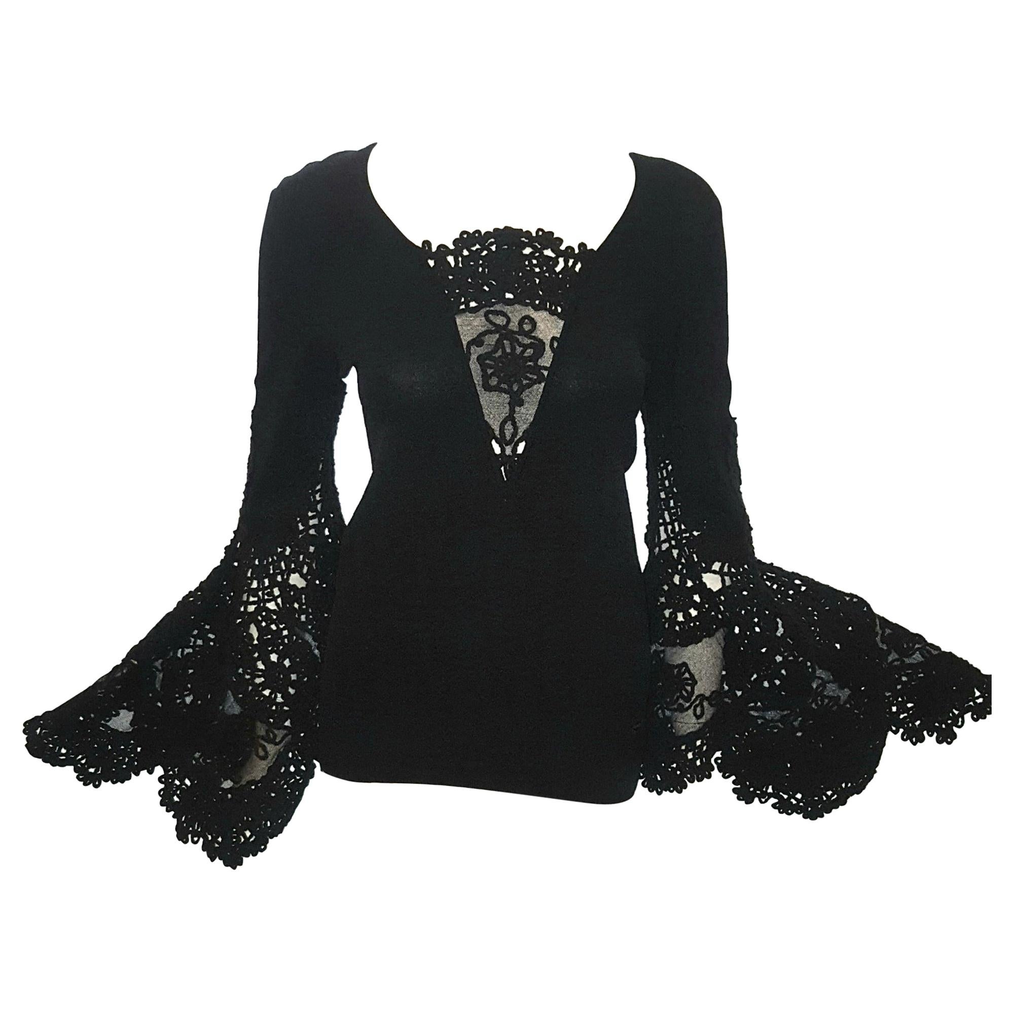 Chanel Black Crocheted Sweater W/ Long Sleeve Finishing at Extreme Bell Sleeves