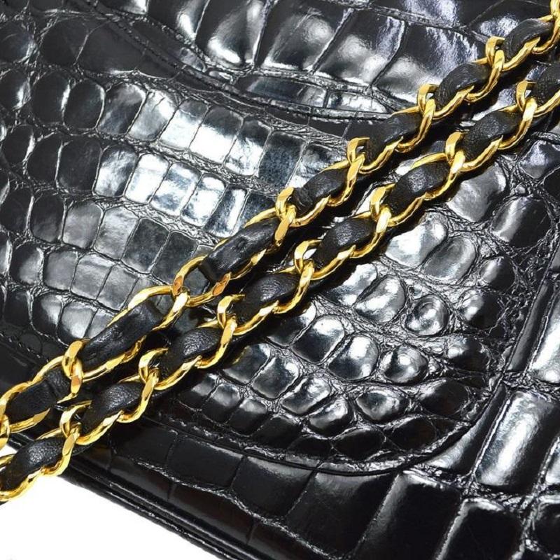 CHANEL Black Crocodile Exotic Gold Evening Medium Classic Shoulder Flap Bag In Good Condition In Chicago, IL