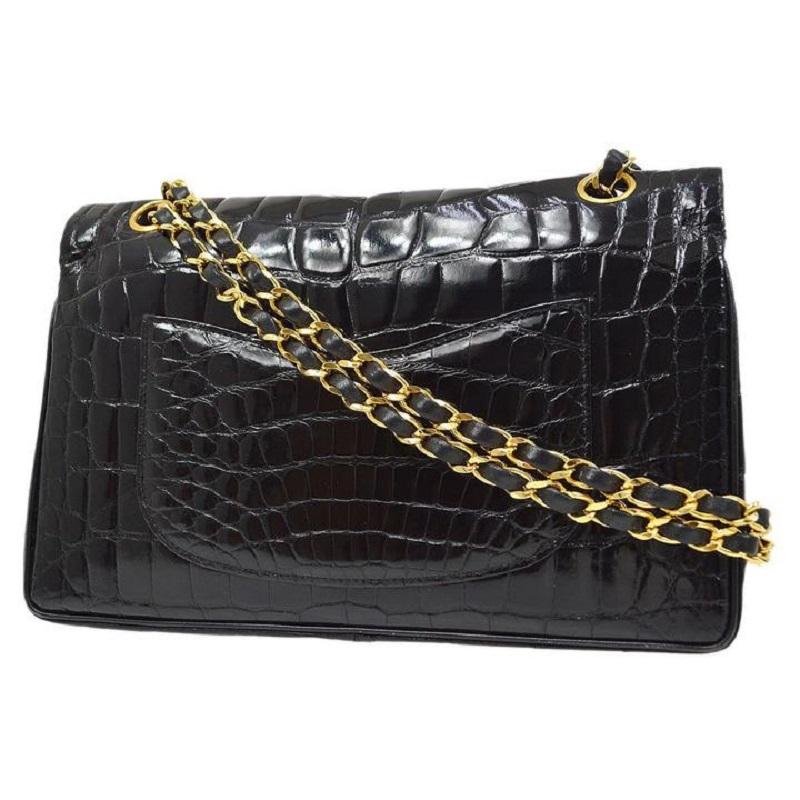 Women's CHANEL Black Crocodile Exotic Gold Evening Medium Classic Shoulder Flap Bag