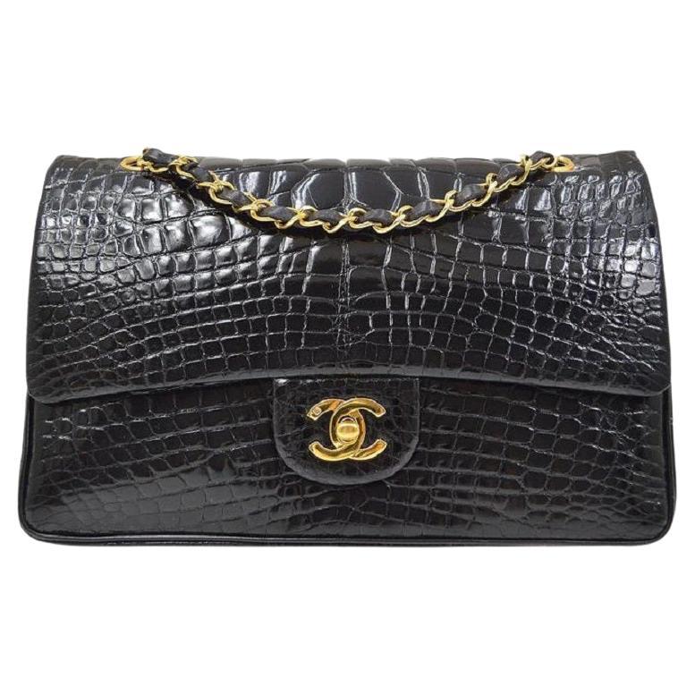 CHANEL Black Crocodile Exotic Gold Evening Medium Classic Shoulder Flap Bag