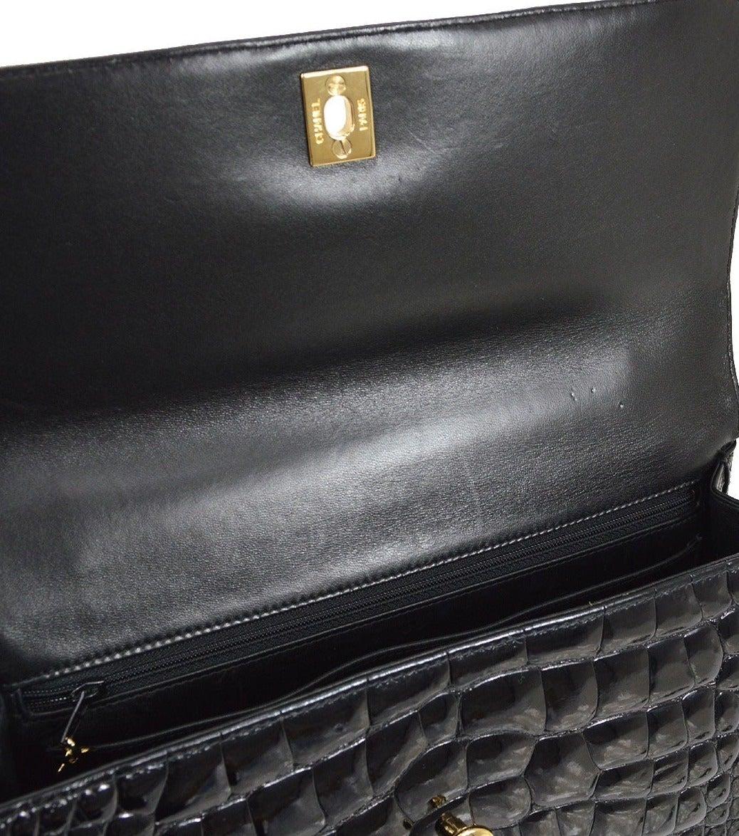 Donna CHANEL Borsa Tote da sera con manico superiore in coccodrillo nero esotico Kelly Gold