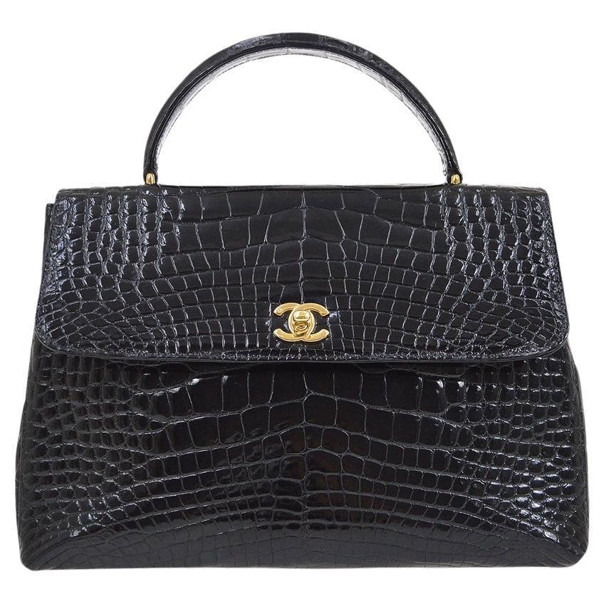 CHANEL Black Crocodile Exotic Kelly Gold Evening Top Handle Tote Bag