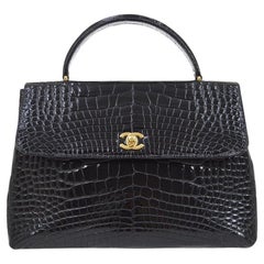 Vintage CHANEL Black Crocodile Exotic Kelly Gold Evening Top Handle Tote Bag