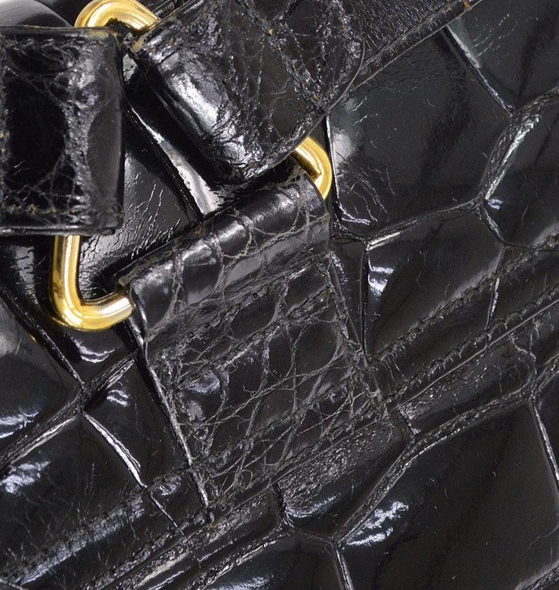 Women's CHANEL Black Crocodile Exotic Leather Gold Carryall Travel Shoulder Backpack Bag