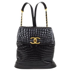 CHANEL Black Crocodile Exotic Leather Gold Carryall Travel Shoulder Backpack Bag