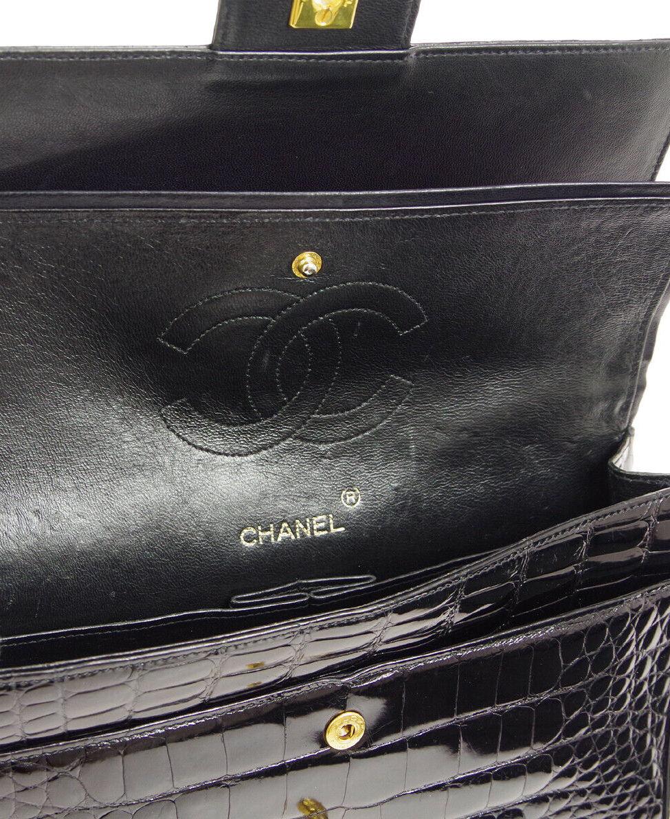 Women's Chanel Black Crocodile Exotic Leather Gold Double Evening Shoulder Flap Bag